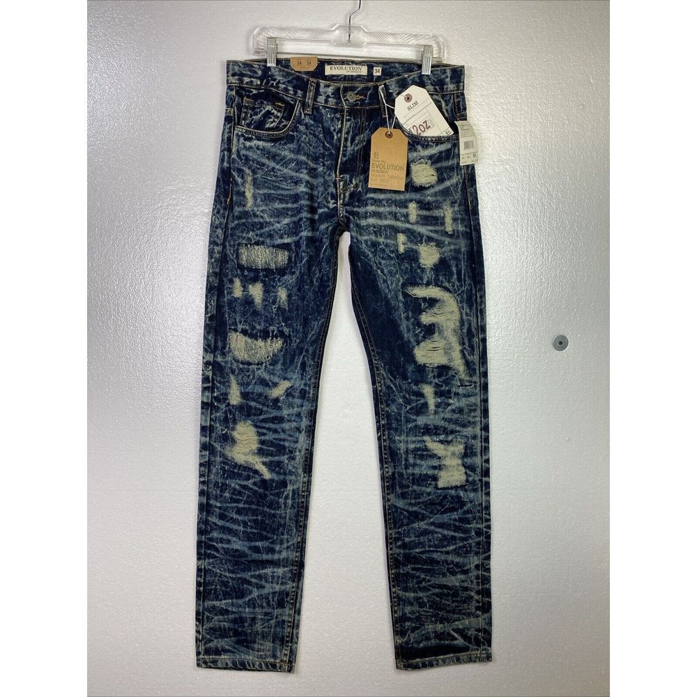 New Evolution In Design Men Slim Jean 34/34 Blue Distress Mid rise leg Open 15 "